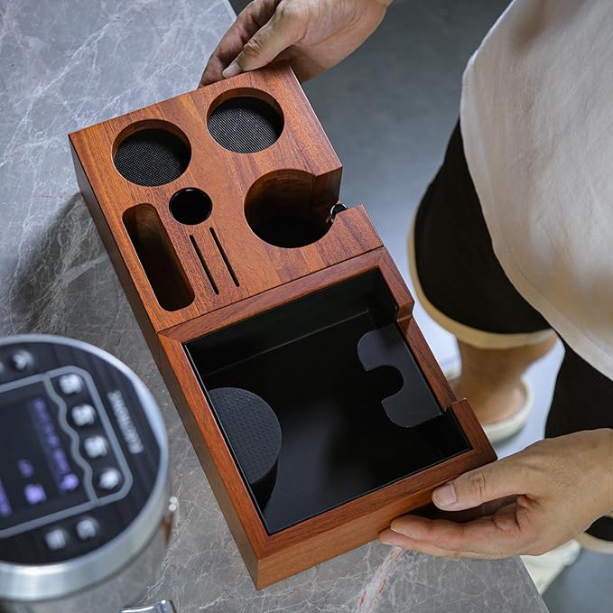 58mm Gaggia Espresso Accessories Kit –Rosewood Naked Portafilter, Auto-Level Espresso Press, Ground Distribution Tool, Wooden Barista Holder & Coffee Puck Knock Bin