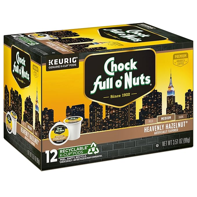 Chock Full o'Nuts Heavenly Hazelnut Coffee, Compatible with Keurig K-Cup Pods, 12 CT (Pack of 6)