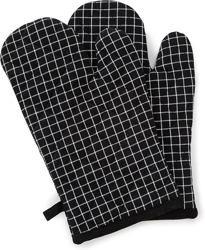 Encasa Homes Long 12" Oven Microwave Hand Gloves Mitts (2 pc Set) for Kitchen Cooking & Baking - Heat Resistant, Thick & Safe, Protection of Hands from Hot Utensils - Butcher Checks Black