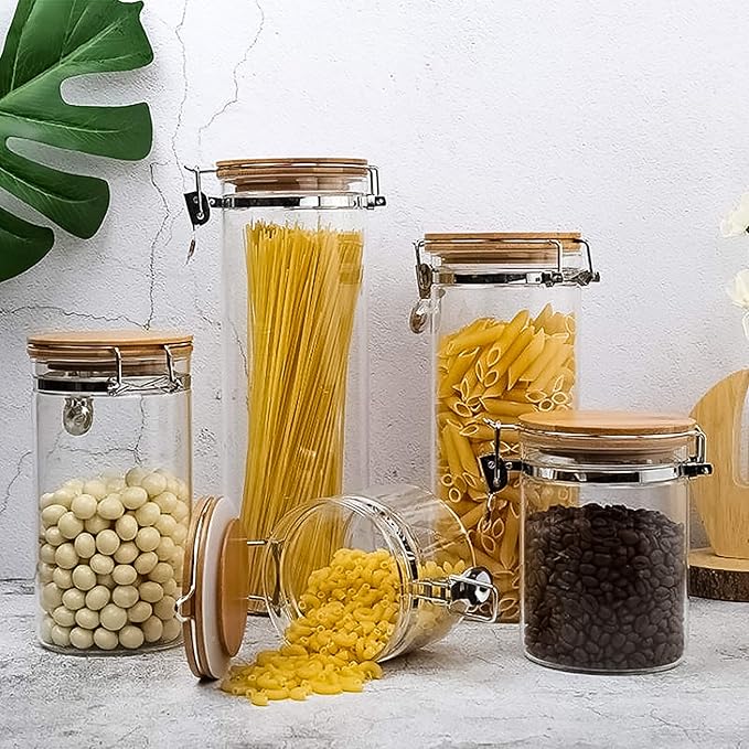 Set of 5 Borosilicate Glass Sugar Packet Holder Food Storage Jar Containers with Airtight Bamboo Clamp Lid, Airtight Canisters for Kitchen Bathroom and Pantry Organization, Cookie Jars for Flour