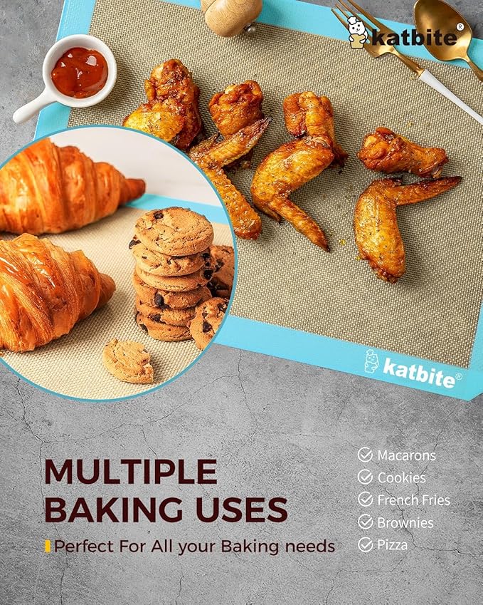 Katbite Silicone Baking Mat Colorful Collection - Set of 3: 2 Half Sheets Mats (11 5/8" x 16 1/2") + 1 Quarter Baking Sheet, Reusable & Nonstick Bakeware Mats for Cookies, Macarons, Bread (Light Blue)