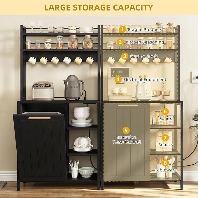 YITAHOME Bakers Rack with Storage Microwave Stand with Trash Can Bin Cabinet and Power Outlet 6-Tiers Coffee Stand Large Microwave Table for Kitchen Dining Room Living Room Black
