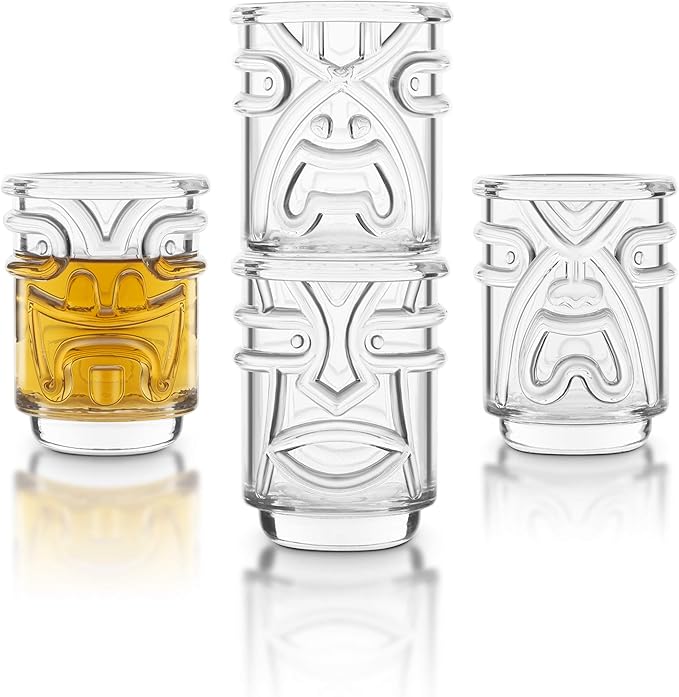 Final Touch Tiki Shot Glasses Set of 4 - Kanaloa, Lono, Kū, Kāne Designs, 2 oz (60 ml), Clear, Stackable Totem Pole Storage, Durable Glassware for Tropical Shots (TK5301)