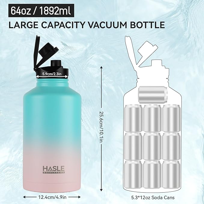 HASLE OUTFITTERS Half Gallon Insulated Water Bottles 64 oz, Stainless Steel Metal Water Jug with 2 Lids Keep Cold 48h/Hot 24h, Leak Proof & BPA-Free Water Flask Jug(Pink Blue Gradient,1)