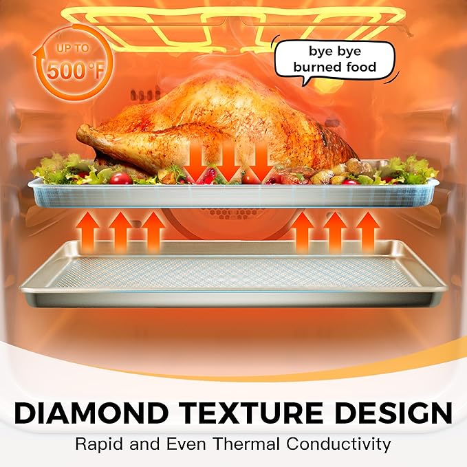 HONGBAKE 3 Pack Nonstick Ceramic Baking Sheet Pan Set for Oven, Non-Toxic Half/Quarter/Jelly Roll Pans with Diamond Texture, Heavy Duty 0.8mm Thick Aluminized Steel Cookie Trays for Cooking, Cream