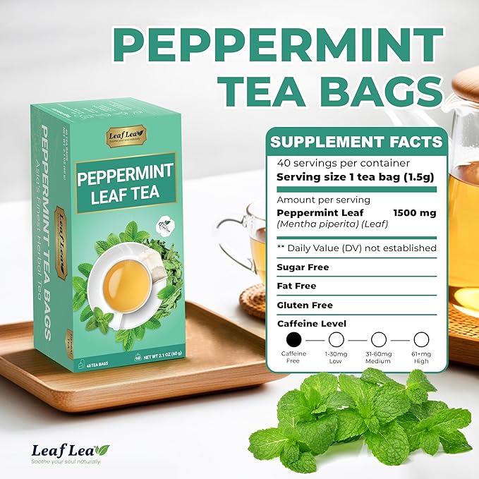 LeafLea 40 Peppermint Tea Bags, Natural Peppermint Leaf Herbal Tea with Cool Taste, Te De Menta for Gentle Digestive Support, Te De Hierba Buena, Caffeine-Free, Sugar-Free, Vegan, Individually Wrapped
