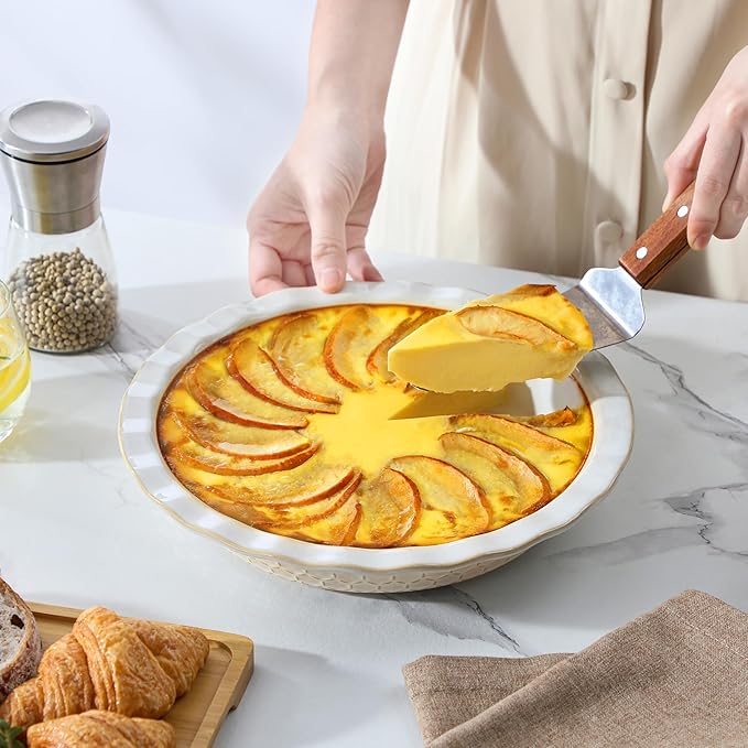 MALACASA Pie Dish for Baking, Stoneware Pie Pan 9 Inch, Embossed Deep Dish Pie Pans, 45 OZ Round Baking Dish Pie Pan, Fluted Dish Pie Plate for Apple Pie, Quiche and Tart, Set of 1, Series LYDIA