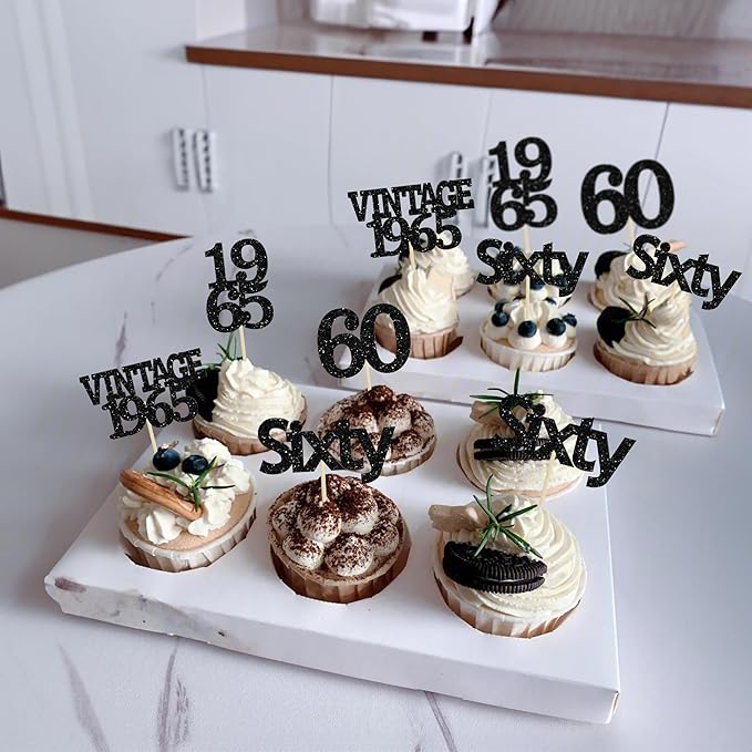 Gyufise 24Pcs Vintage 1965 Cupcake Toppers Cheers to 60 Fabulous Sixty Cupcake Picks Decorations for 60th Birthday Wedding Anniversary Party Cake Decorations Supplies Black
