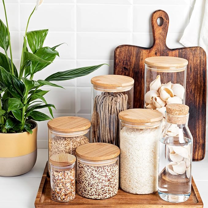 15oz Glass Food Storage Jars, Glass Jars with Bamboo Lids, Kitchen Storage Jars, Set of 6, Canisters with Airtight Lids for Spice, Coffee, Cookie, Pantry Organizers