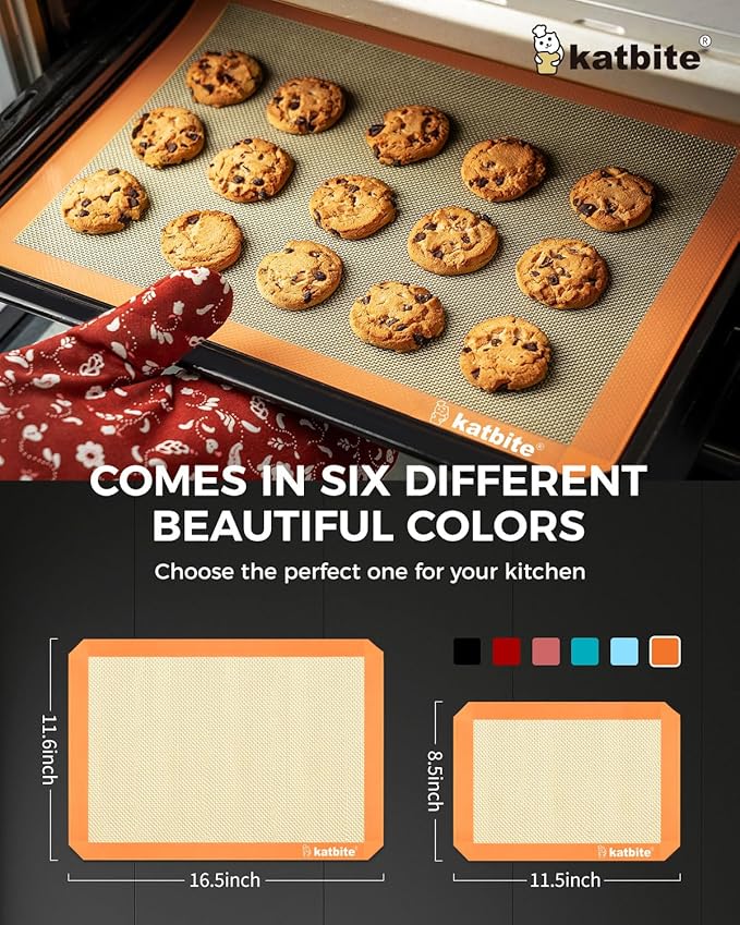 Katbite Silicone Baking Mat Colorful Collection - Set of 3: 2 Half Sheets Mats (11 5/8" x 16 1/2") + 1 Quarter Baking Sheet, Reusable & Nonstick Bakeware Mats for Cookies, Macarons, Bread (Orange)