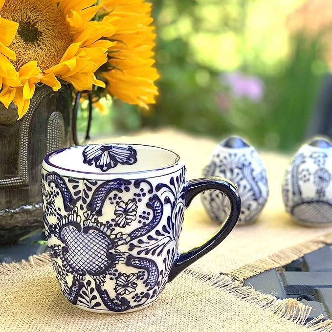 Encantada Handmade Hand-Painted Authentic Mexican Pottery Mugs (1-Pack, Cobalt Blue Flower)