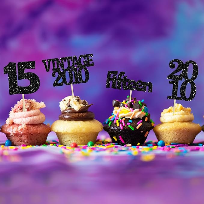 Gyufise 24Pcs 15th Birthday Cupcake Toppers Glitter Fifteen Vintage 2010 Sweet 15 Cupcake Picks Hello 15 Years Birthday Cake Decorations for Happy 15th Anniversary Party Supplies Black
