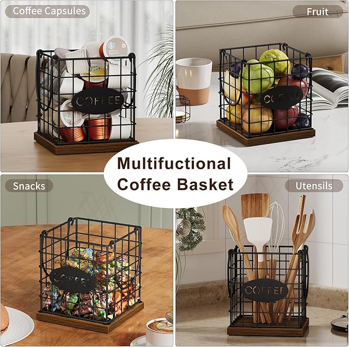 YINMIT K Cup Holder Organizer, Rustic Coffee Pod Holder Organizer, 35 Kcup Holder for Counter with Handle，Large Capacity Black Wire Coffee Capsule Basket for Kitchen Office Desktop (Square Grid)