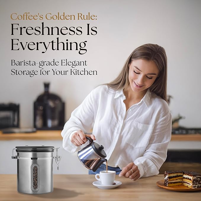 Mixpresso 16 Oz Coffee Canister with Window, Stainless Steel Airtight Coffee Container & scoop, Jar Tea Storage with Date Tracker, Vacuum Sealed Espresso Airtight Canister, Sugar Container
