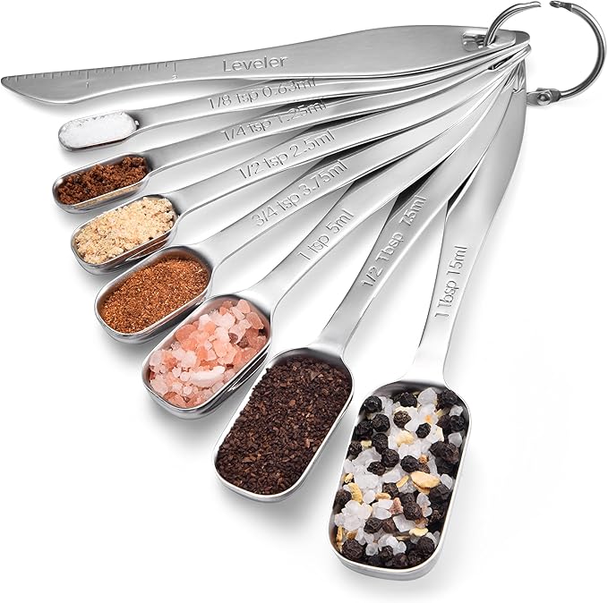 18/8 Stainless Steel Measuring Spoons: Doosu Heavy Duty Rectangular Spoon Square Teaspoon Tablespoon Scoop with Slim Long Handle in Narrow Spice Jar for Kitchen Baking Cooking (Set of 8 with Leveler)
