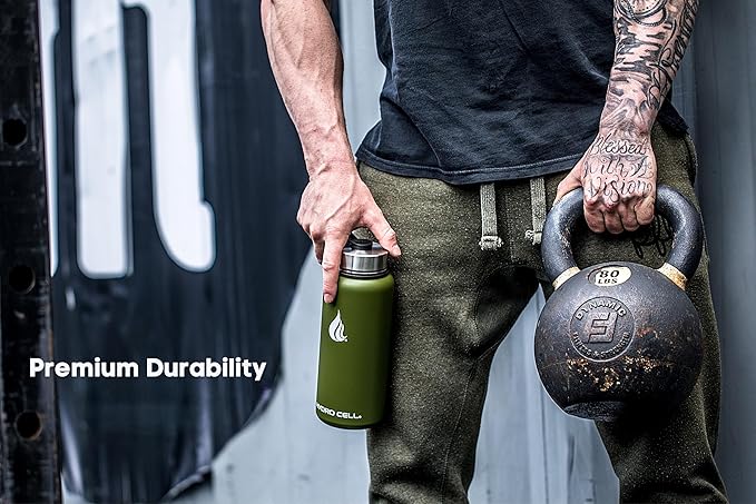 HYDRO CELL Stainless Steel Insulated Water Bottle with Straw - For Cold & Hot Drinks - Metal Vacuum Flask with Screw Cap and Modern Leakproof Sport Thermos for Adults (Army 32oz)