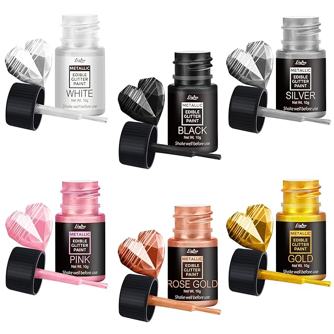 Edible Glitter Paint - 6 Colors Food Grade Metallic Glitter Cake Paint for Cake Decorating, Baking, Cupcakes, Cookies - Shimmer Art Decorative Liquid Edible Paint Food Coloring for Fondant, Donuts