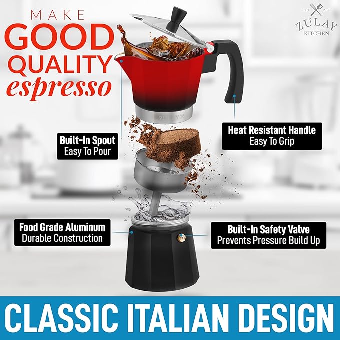 Zulay Kitchen Stovetop Espresso Maker - Moka Pot 3 Espresso Cups - Percolator Coffee Maker for Classic Cuban & Italian Style Espresso - Portable Coffee Maker for Camping & Travel - (Red/Black)