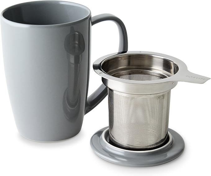 FORLIFE Curve Tall Tea Mug with Infuser and Lid 15 ounces, Gray