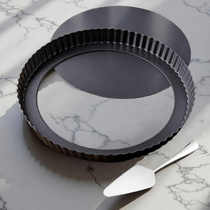 10 Inch Round Quiche Pans with Pie Cake Server. Removable Bottom, Non-Stick Coating, Rugged Carbon Steel for Tart Quiche Pie Baking. Gift for Women Wife Christmas Thanksgiving Party Festival