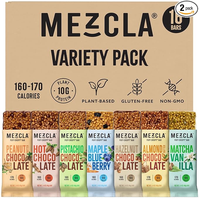 Mezcla Puff Crispy Protein Bars, Gluten Free & Vegan Protein Bars, 10g Protein, Alt for Crispy Rice Treat, Granola Bars & Breakfast Bars, Healthy Snacks for Adults, Variety Pack, 16 Count