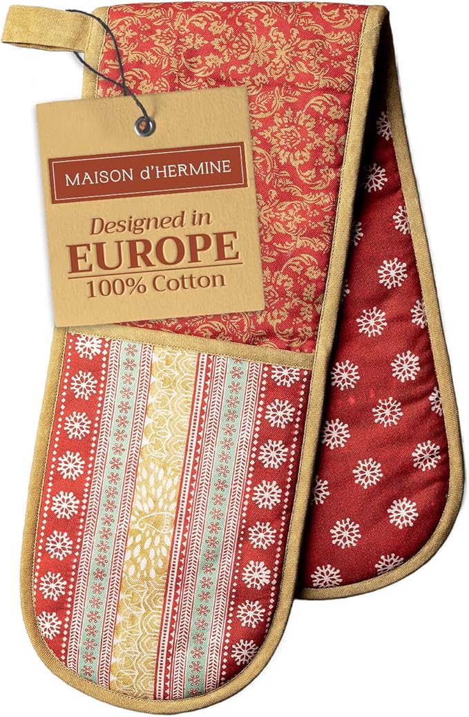 Maison d' Hermine Double Oven Mitts 100% Cotton 7"x35" Double Oven Mitt Heat Resistant BBQ Cooking Gloves with Loop, Baking, Grilling, Home, Kitchen, Handling Hot Pans (Sofia)