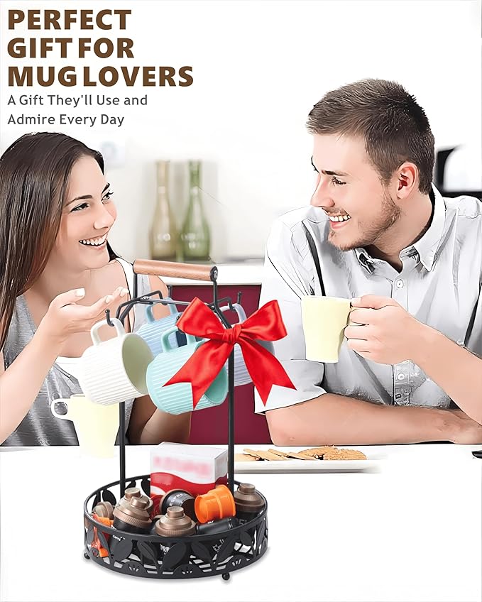 Mug Holder for Countertop, 2-in-1 Mug Tree for Large Mugs & Coffee Cup Stand with Storage Basket - Mug Rack & Organizer for Coffee Bar Accessories