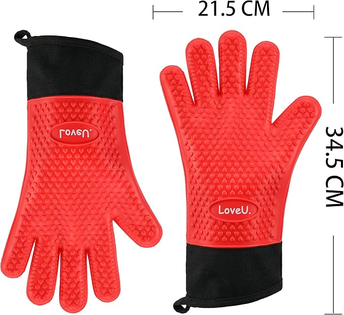 Kitchen Oven Gloves - Dual-Layer Heat Resistant Grilling Gloves, Silicone Oven Mitts with 5 Fingers, Waterproof Non-Slip Pot Holder for Barbecue, Cooking, Baking (Red, Long)