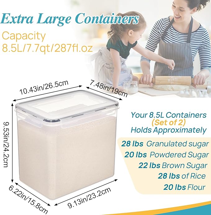 Vtopmart 8.5L 2 Pack Extra Large Flour Sugar Storage Containers for 20lbs flour, Airtight Kitchen Pantry Organization Canisters with Lids for Bulk food, Rice, Baking Supplies, BPA Free, Black