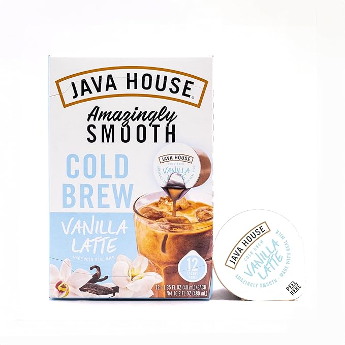 JAVA HOUSE French Vanilla Latte Cold Brew Coffee Pods, (48 Count) Peel and Pour Pods Hot or Iced