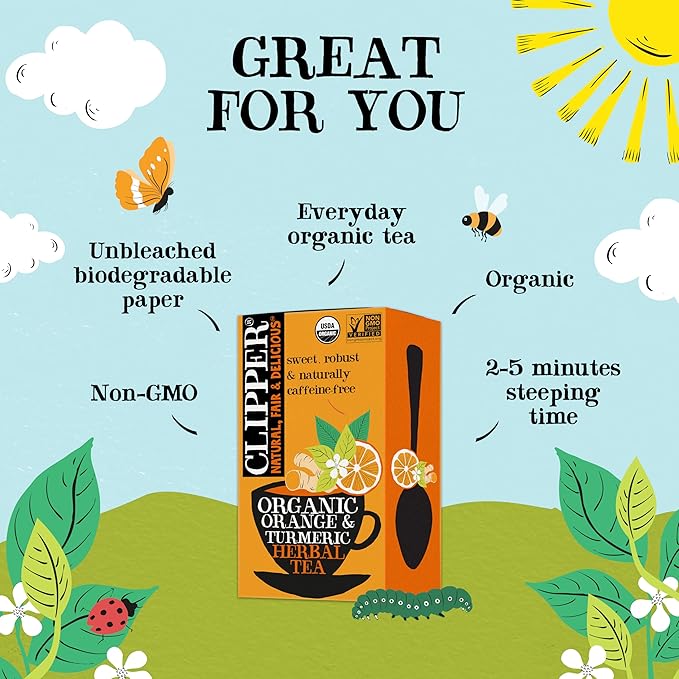 Clipper Tea, Orange & Turmeric, Organic Tea with Licorice Root, Orange Peel and Hibiscus, Plant Based Herbal Tea, Caffeine Free British Tea, 1 Pack, 20 Unbleached Tea Bags