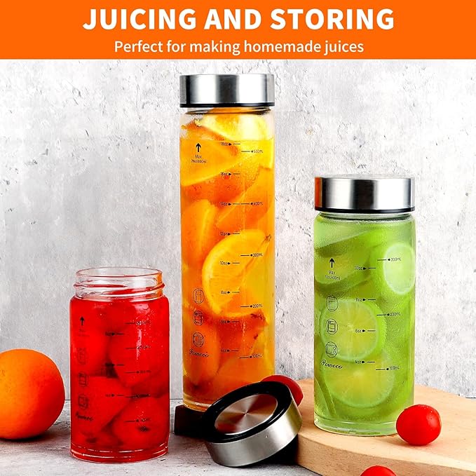 Glass Juice Bottles 6 Pack 16 oz - Wide Mouth Glass Water Bottles with Lids - for Juicing, Protein, Smoothie, Milk, Reusable, BPA Free, Stainless Steel Lids, Blender, Shaker Bottle [16oz/500ml]