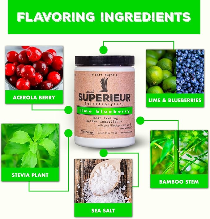 Superieur Electrolyte Powder Packets - Vegan Electrolyte Hydration Powder w/Sea Minerals - Keto Friendly, Non-GMO, Zero Sugar Electrolyte Supplement-Healthy Sports Drink -Lime Blueberry (14 Packets)