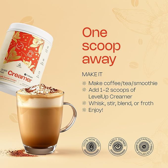 LevelUp Creamer, with Energizing MCT Oil and Collagen Peptides, Keto Coffee Creamer, Supports Natural Energy & Ketone Production - Vanilla Sweet Cream, 22.5 oz
