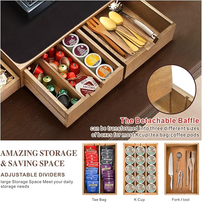 Mosucoirl Wooden K Cup Holder Organizer,Coffee Cup Drawer With Coffee Mat Coffee Pod Holder Tea Bag Storage Organizer Counter Coffee Maker Stand for Kitchen Office Coffee Bars