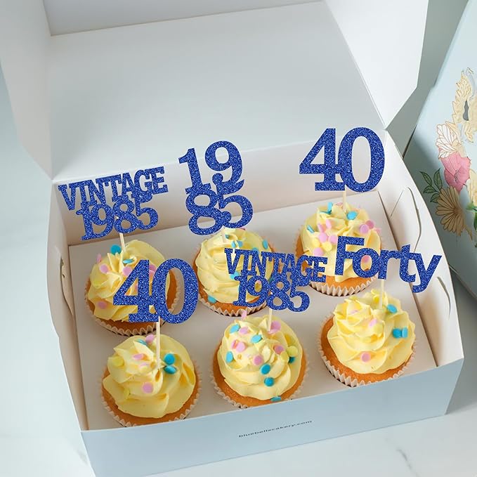 Gyufise 24Pcs Vintage 1985 Cupcake Toppers Glitter Cheers to 40 Fabulous Forty Cupcake Picks 40th Birthday Wedding Anniversary Party Cake Decorations Supplies Deep Blue