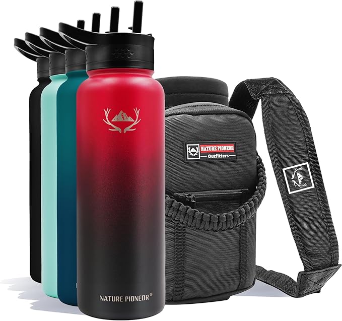 NATURE PIONEOR Insulated Water Bottles with Straw - 40oz Stainless Steel Vacuum Bottle with Holder/Carrier/Sleeve - Reusable 18/8 Food Grade 40 oz Water Jug