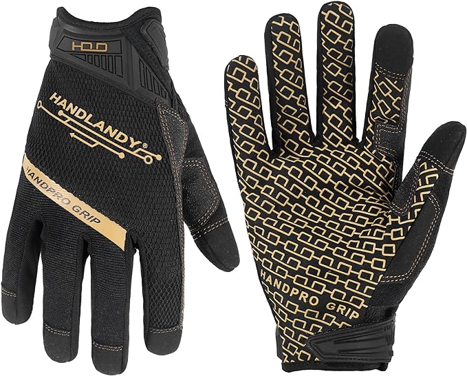 HANDLANDY Mens Work Gloves Touch screen, Utility Mechanic Gloves, Flexible Breathable Fit- Padded Knuckles & Palm