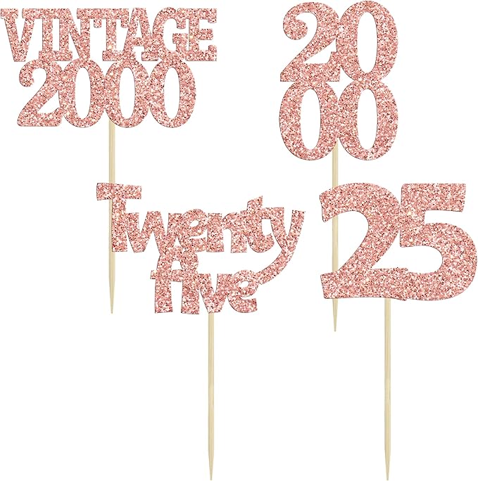 Gyufise 24Pcs 25th Birthday Cupcake Toppers Glitter Twenty-five Vintage 2000 Hello 25 Years Birthday Cupcake Picks Cheers to 25 Cake Decor for Happy 25th Anniversary Party Supplies Rose Gold