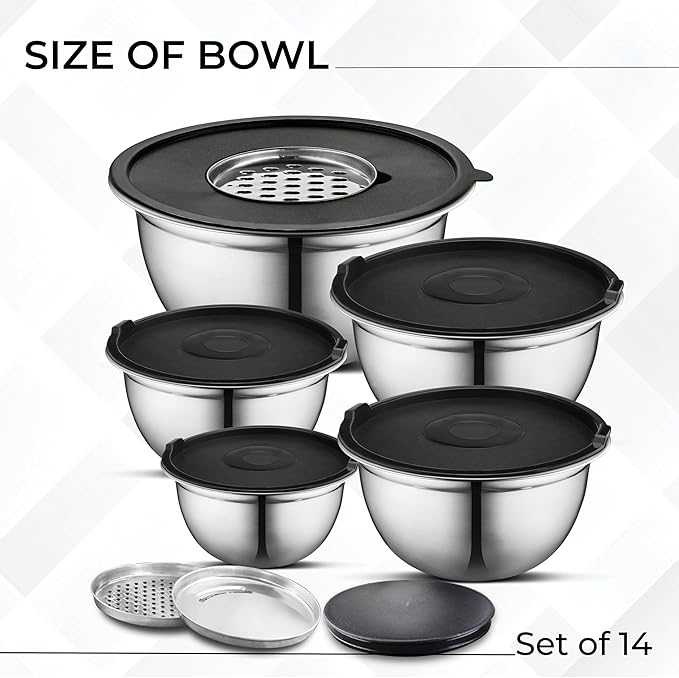 AVADOR Premium Stainless Steel Mixing Bowls Sets Brushed Stainless Steel Mixing Bowl Set, Easy To Clean, Space Saving, Great for Cooking, Baking, Prepping Needs (8 pc with Lid and Grater)