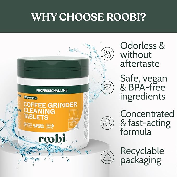 Roobi Professional Coffee Grinder Cleaning Tablets. Carbon Neutral Coffee Grinder Cleaner. Up to 14 cleans, 500gr.