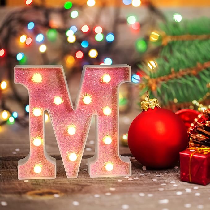 Foaky Pink Light up Letters，Pink Party Decorations,Girls Room Decor,Glitter Light Up Letters,Alphabet Letter Sign for Night Light Birthday Party Girls Gifts, Home Bar Decoration（H）