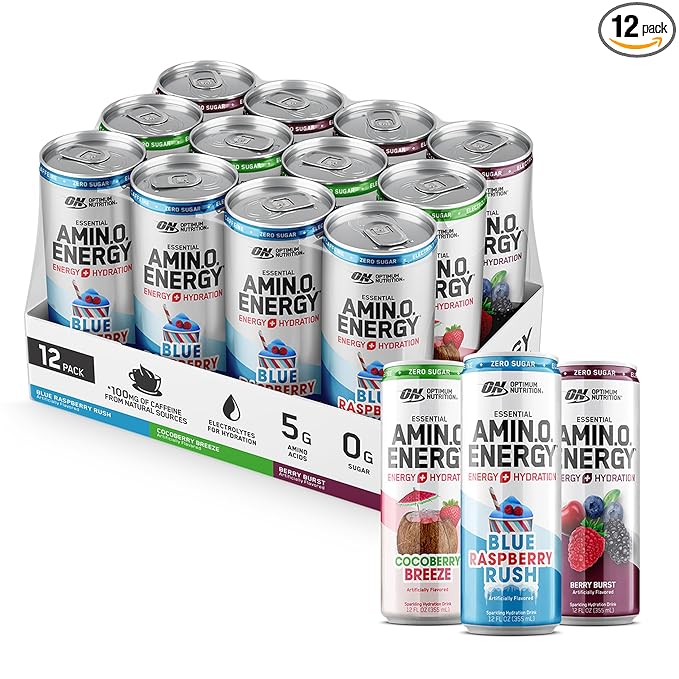 Optimum Nutrition Amino Energy Sparkling Hydration Drink, Electrolytes, Caffeine, Amino Acids, BCAAs, Sugar Free, 12 Fl Oz, Berry Variety Pack of 12 (Packaging May Vary)