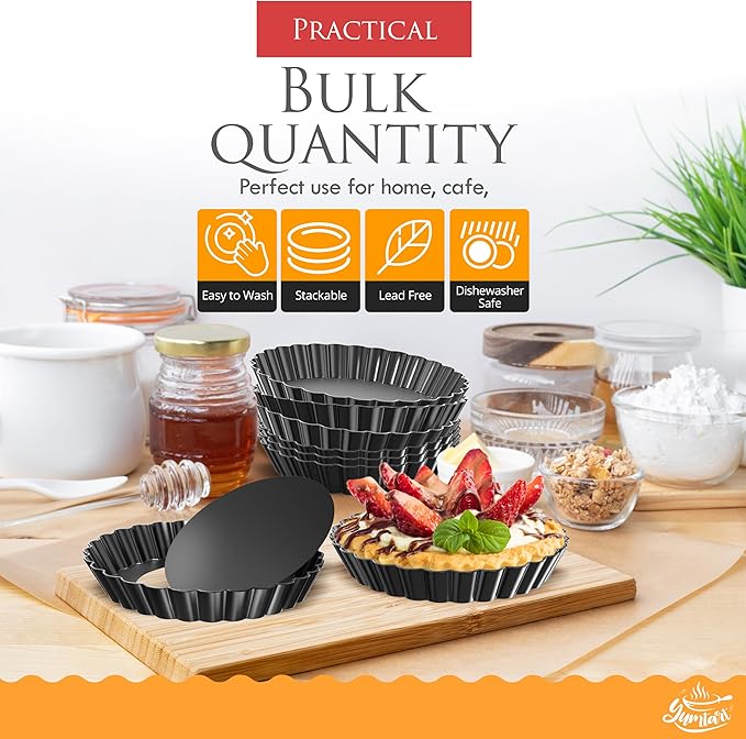 4 Inch Round Tart Pan 8 Pieces, False Bottom Pie Pan, Deep Fluted Tart and Quiche Pan with Removable Bottom - Non-Stick Tart Pan