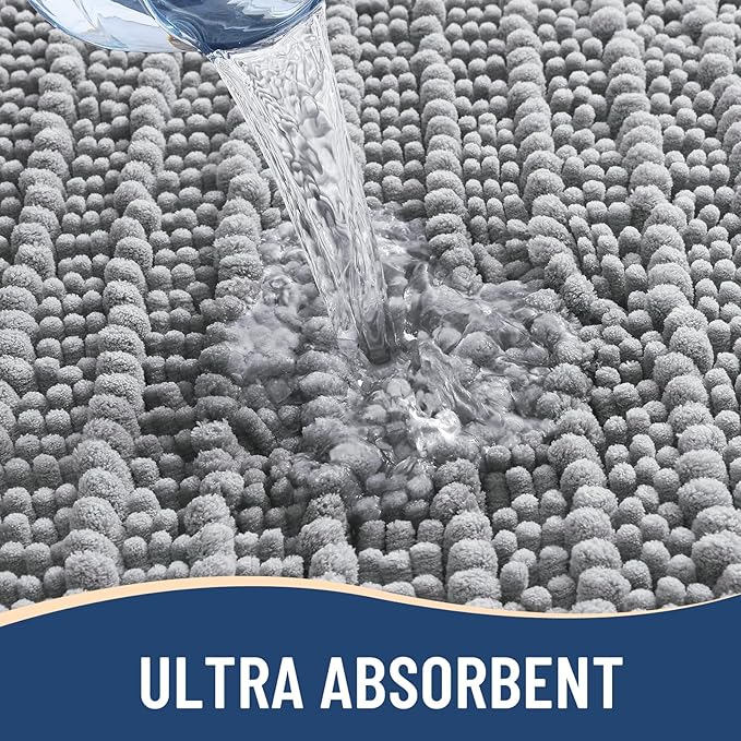 Arotive Luxury Chenille Bathroom Rug Mat, Extra Soft Thick Absorbent Shaggy Bath Rugs, Non-Slip Machine Wash Dry, Plush Bath Mats for Bathroom, Shower and Tub, 60x24, Light Grey