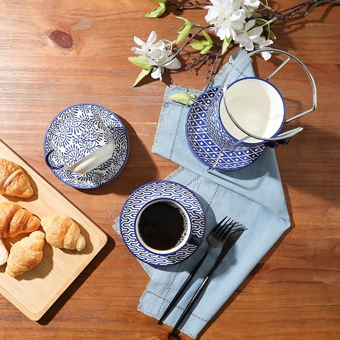 Selamica Ceramic Cappuccino Cups with Saucers and Metal Stand, 8 OZ Stackable Espresso Coffee Cups for Coffee, Latte, Americano, Tea, Set of 4, Vintage Blue