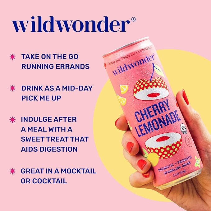 NEW! wildwonder Sparkling Probiotic Drink 12pk, For Gut Health & Immune Support, Cherry Lemonade, 5g Prebiotic Fiber, Live Probiotics, Organic, Vegan, Low Sugar, 12 Pack, 12oz Can, Seen on Shark Tank
