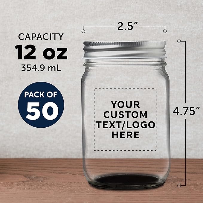 DISCOUNT PROMOS 50 Decorating Mason Jars Set, 12 oz. - Customizable Text, Logo - Canning, Aluminum Lid - Black