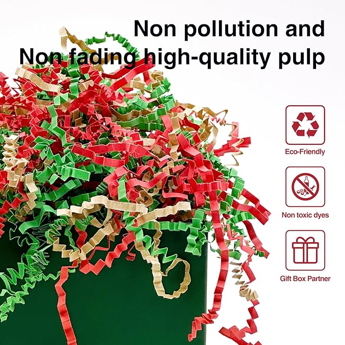 2LB Crinkle Cut Paper Shred Filler for Bag Gift Box Basket Confetti Paper Shreded Stuffing on Christmas Day Holiday(Green&Red&Kraft)