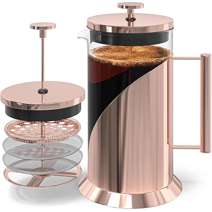 Cafe Du Chateau Stainless Steel French Press Coffee Maker - 34oz Insulated Coffee Press with 4-Level Filtration, BPA Free, Durable Glass, Great for Tea